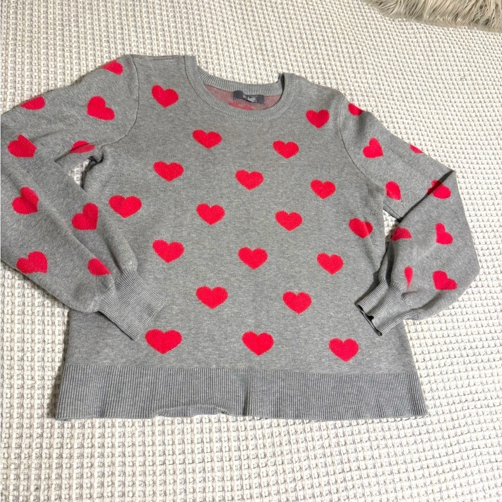 Marled Gray Sweater with Pink Heart Pattern